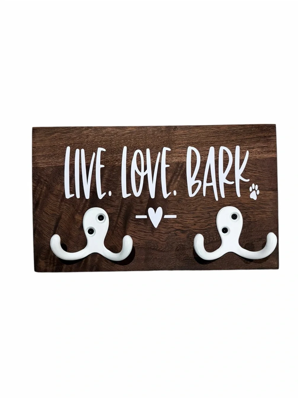 Live. Love. Bark. Wooden Dog Leash Holder - White Hooks